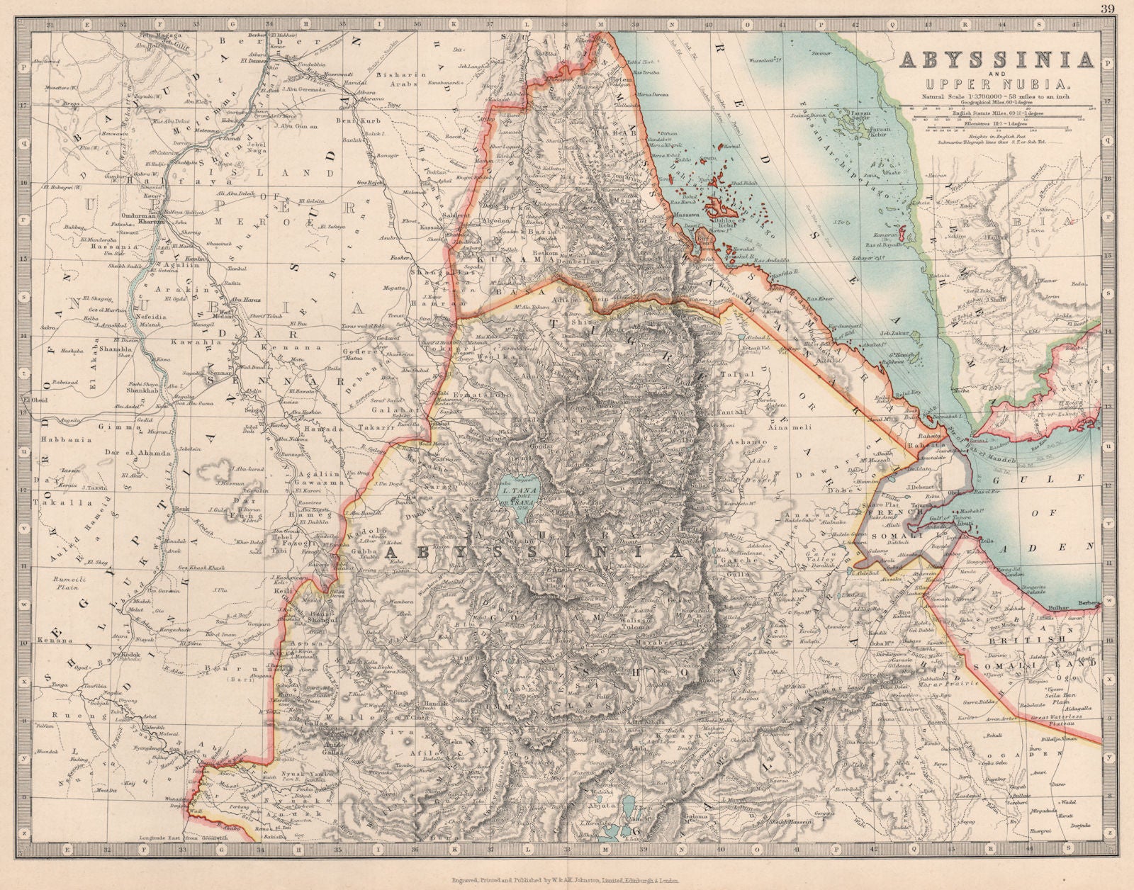 ABYSSINIA & UPPER NUBIA. Ethiopia Erirtrea French Somaliland. JOHNSTON 1912 map